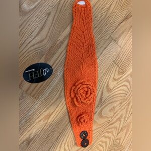 Orange Knit Headband with Floral Design
